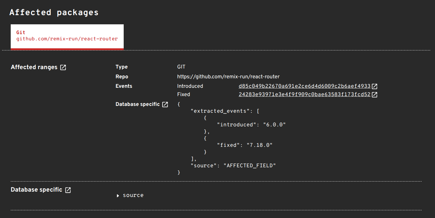 OSV Record Provenance Metadata Screenshot of a JSON block from an OSV record highlighting the database_specific field. It shows the extracted_events list containing raw version strings alongside metadata detailing the source fields and references used to derive final commit ranges.