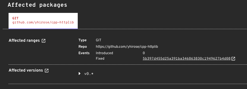 Image shows the vulnerable commit ranges for CVE-2023-26130. More information is available in the &ldquo;Submoduled C/C++ dependencies&rdquo; section.