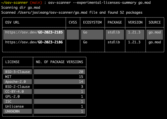 This image shows the terminal output from running OSV-Scanner in summary mode