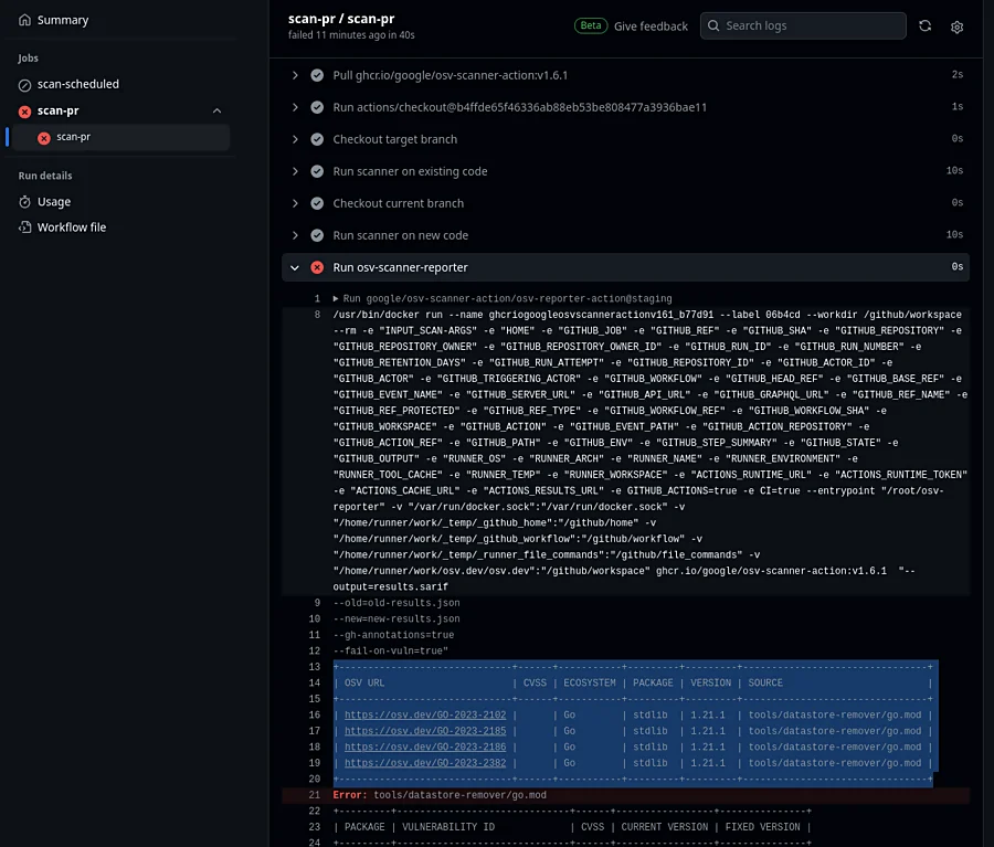 Screenshot of OSV-Scanner GitHub Action